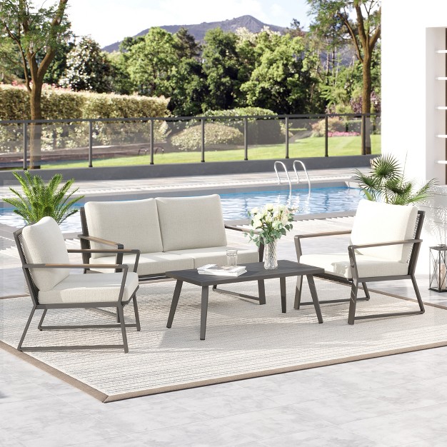 Outsunny 4 Piece Patio Furniture Set Aluminum Conversation Set Outdoor Garden Sofa Set With Armchairs Loveseat Center Coffee Table And Cushions