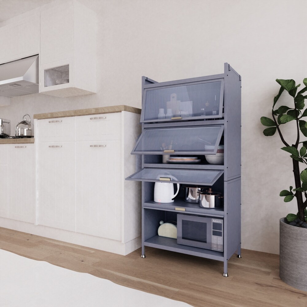 Kitchen Storage Pantry Cabinet with 4 Drawers and Up Flip Glass Doors