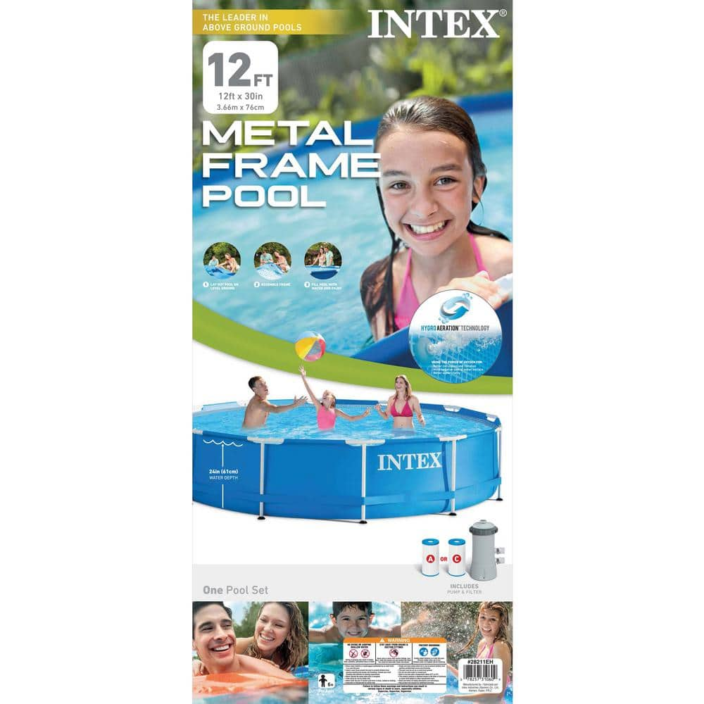 Intex 12 ft. Round 30 in. D Metal Frame Set Above Ground Swimming Pool with Filter and Cover 28211EH + 28031E