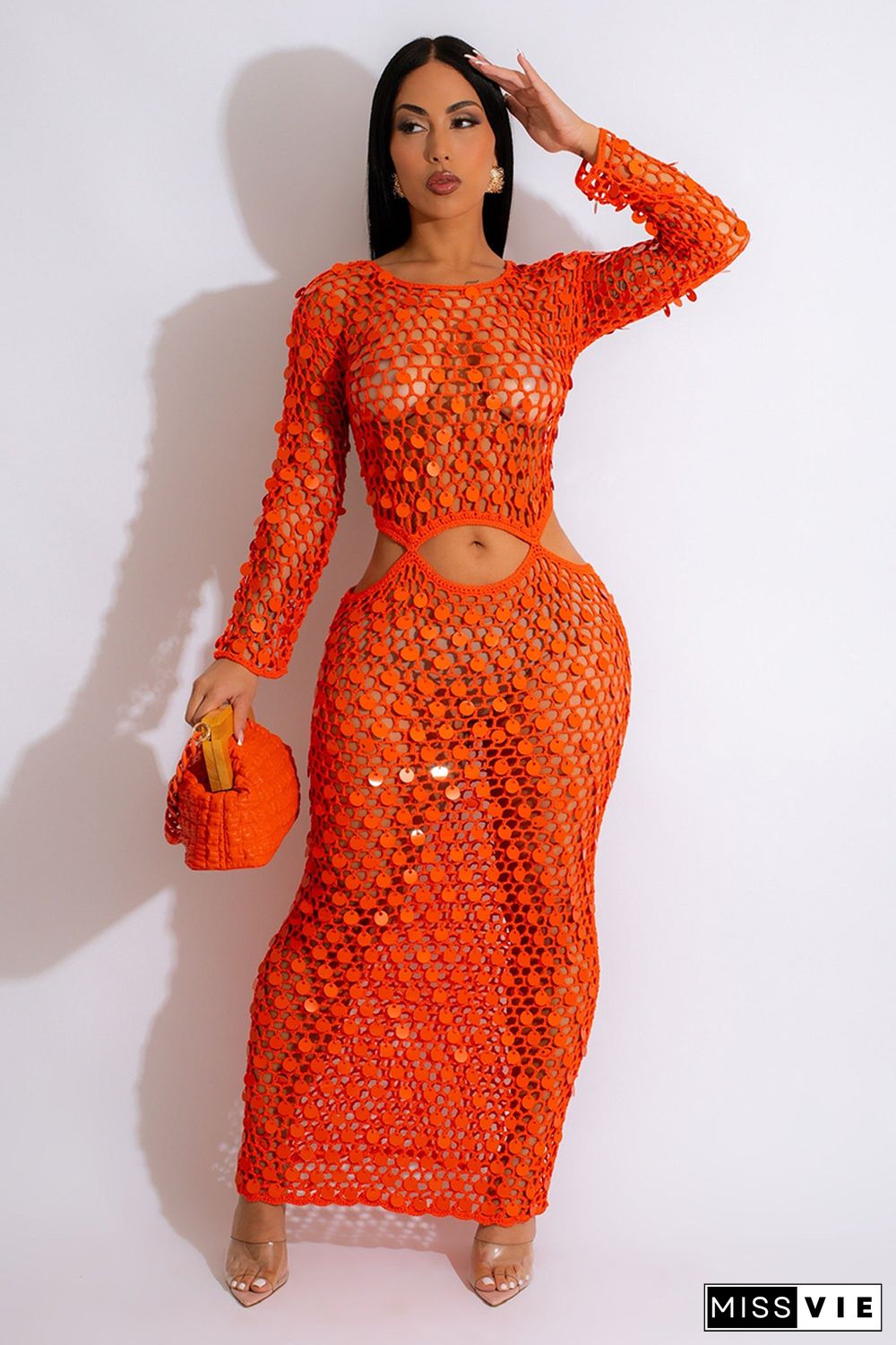 Crochet Sequins Cover Up Long Sleeve Cut Out Maxi Dresses