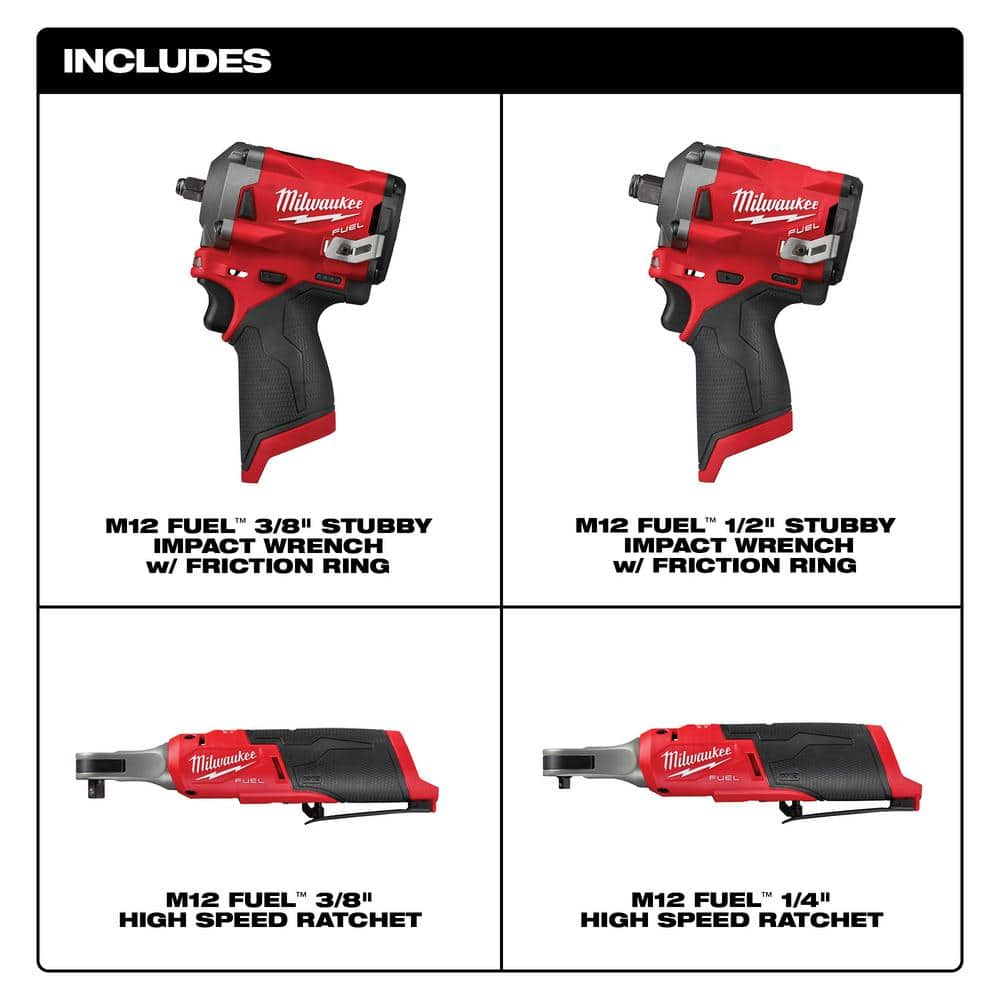 Milwaukee M12 FUEL 12V Li-Ion Brushless Cordless 3/8 in. Impact Wrench, 1/2in. Impact Wrench, High Speed 3/8 in. & 1/4 in. Ratchet 2554-20-2555-20-2567-20-2566-20