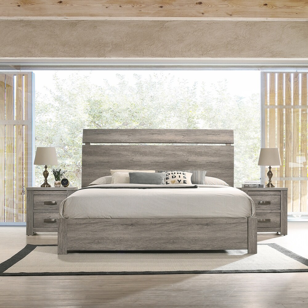 Roundhill Furniture Floren Contemporary Weathered Gray Wood 3 Piece Bedroom Set  Panel Bed with 2 Nightstands