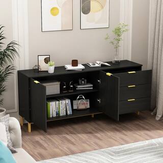 FUFUGAGA 62.9 in. W Black Paint Sideboard Kitchen Buffet Cupboard with Drawers and Shelves Metal Legs KF200156-01-cc