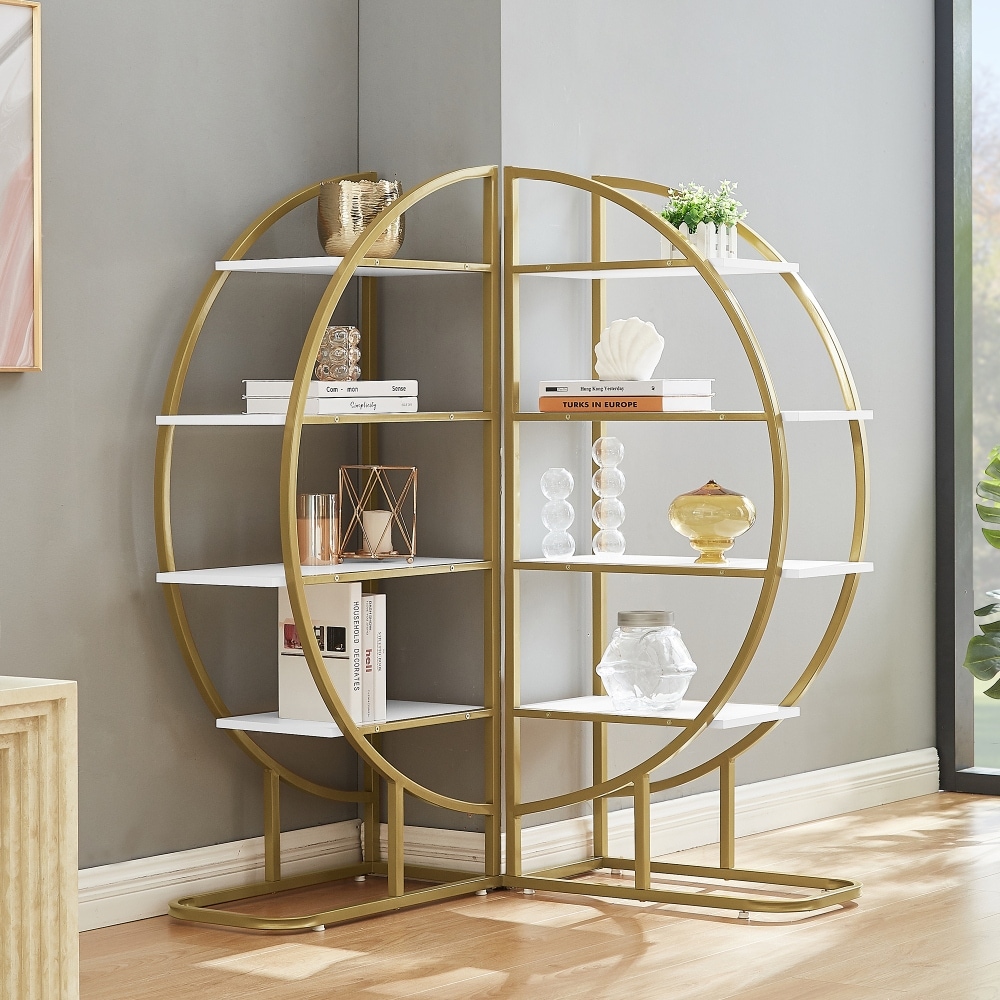 4 Tiers Home Office Round Shape Open Bookshelf Golden White