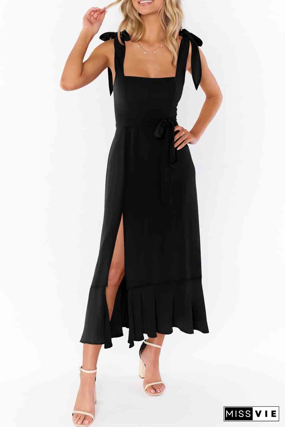 Black Tie Shoulder Smocked Back Side Slit Maxi Dress