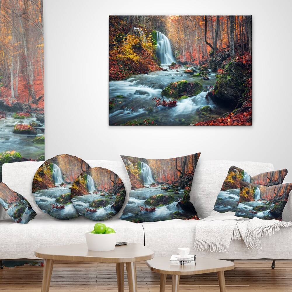 Autumn Mountain Waterfall Long View Landscape Photo Canvas Print   Orange