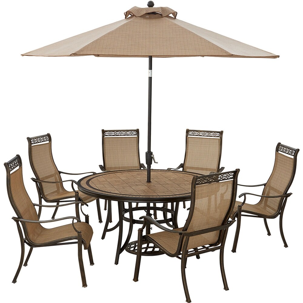 Hanover Monaco 7 Piece Outdoor Dining Set with 6 Sling Dining Chairs  60 in. Tile Top Table  and 9 ft. Umbrella