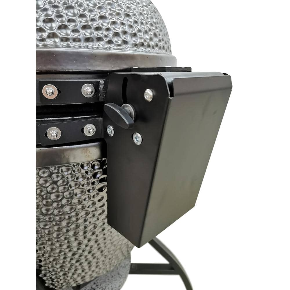 Vision Grills 22 in. Kamado XD402 Ceramic Charcoal Grill in Metallic Grey with Cover, Storage Cart, Shelves, Lava Stone, Ash Drawer XD-402MG