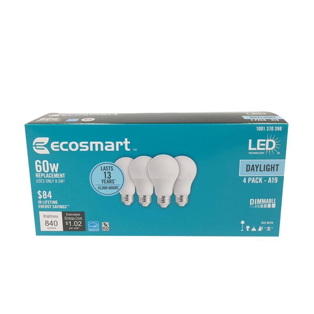 EcoSmart 60-Watt Equivalent A19 Dimmable Energy Star LED Light Bulb Daylight (4-Pack) A7A19A60WESD03