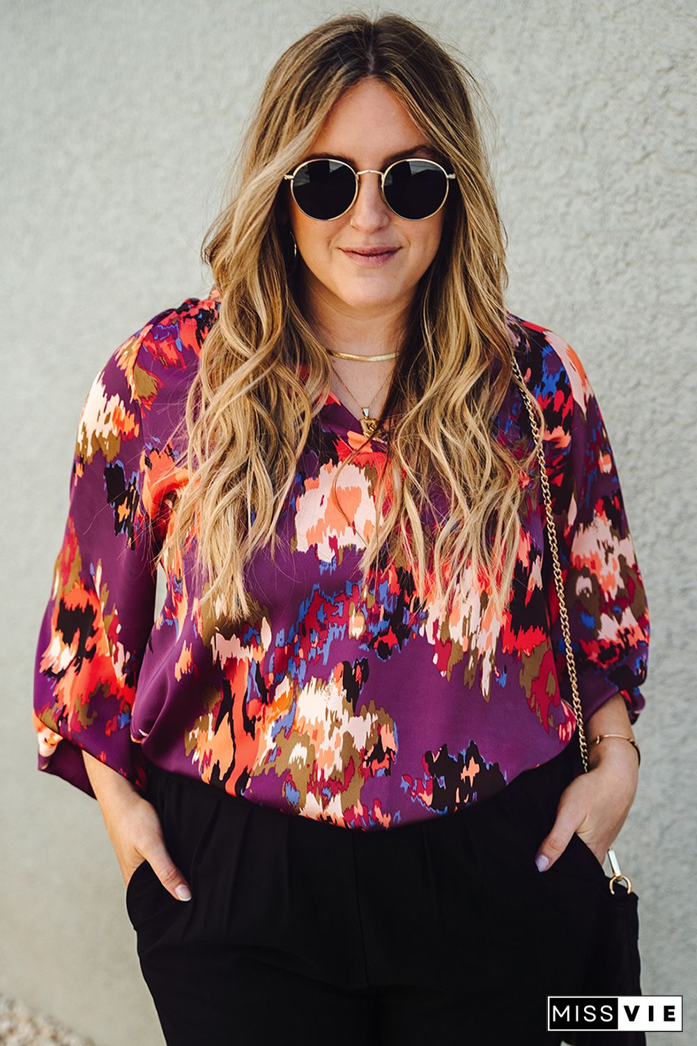 Purple Plus Size Abstract Print V-Neck Long Sleeve Blouse