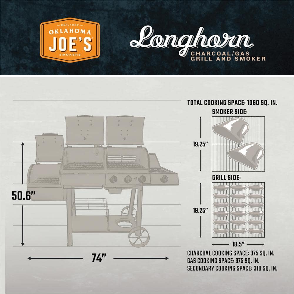 OKLAHOMA JOE'S Longhorn Combo 3-Burner Charcoal and Gas Smoker Grill in Black with 1,060 sq. in. Cooking Space 15202029