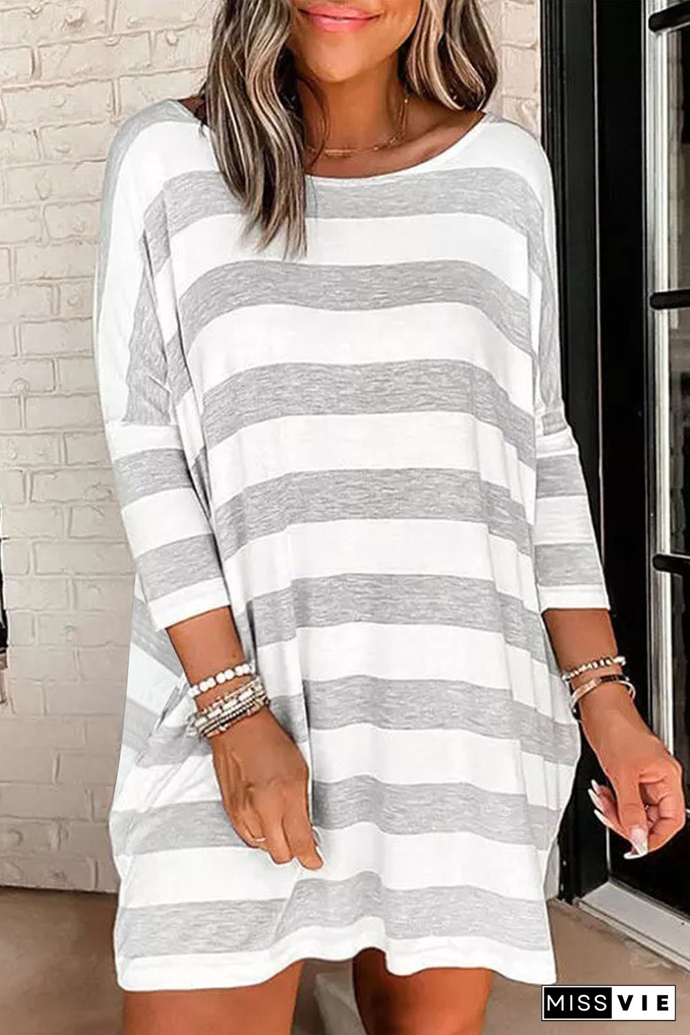 Stripe Loose Fit Pocketed Long Sleeve Mini Dress