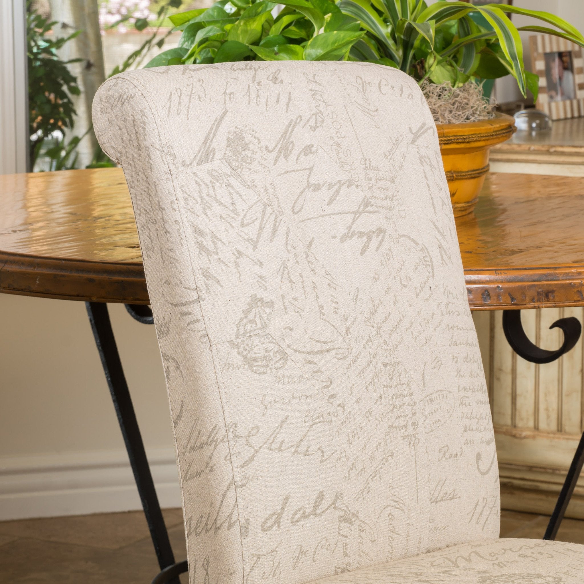 Cosette Script Printed Beige Linen Dining Chairs (Set of 2)