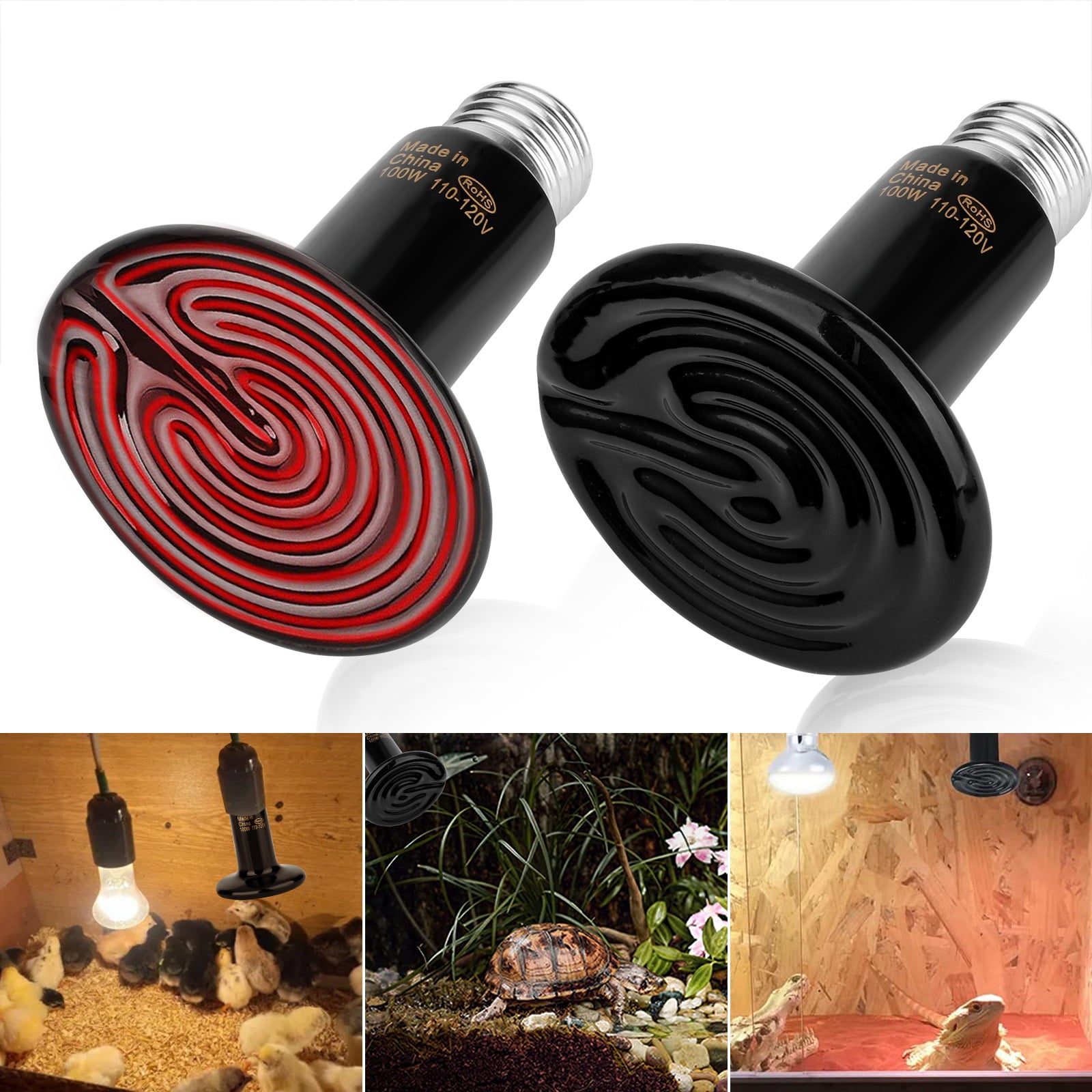 2 Pack 100W Ceramic Heat Lamps， TSV Infrared Heat Emitter Bulbs for Reptiles， Amphibians， Chicken Brooder Coop Lizard Turtle Snake Aquarium