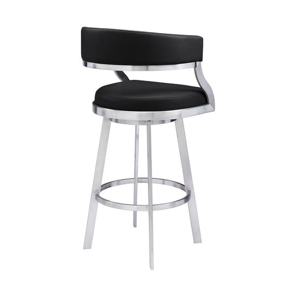 Armen Living Saturn Contemporary Barstool in Brushed Stainless Steel Finish and Black Faux Leather