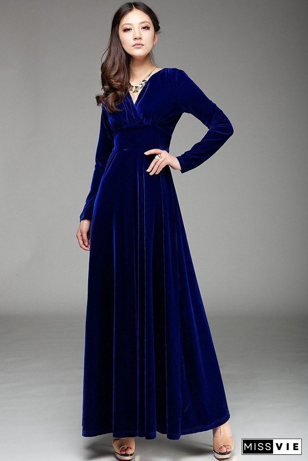 V Neck Velvet Long Sleeve Party Dress