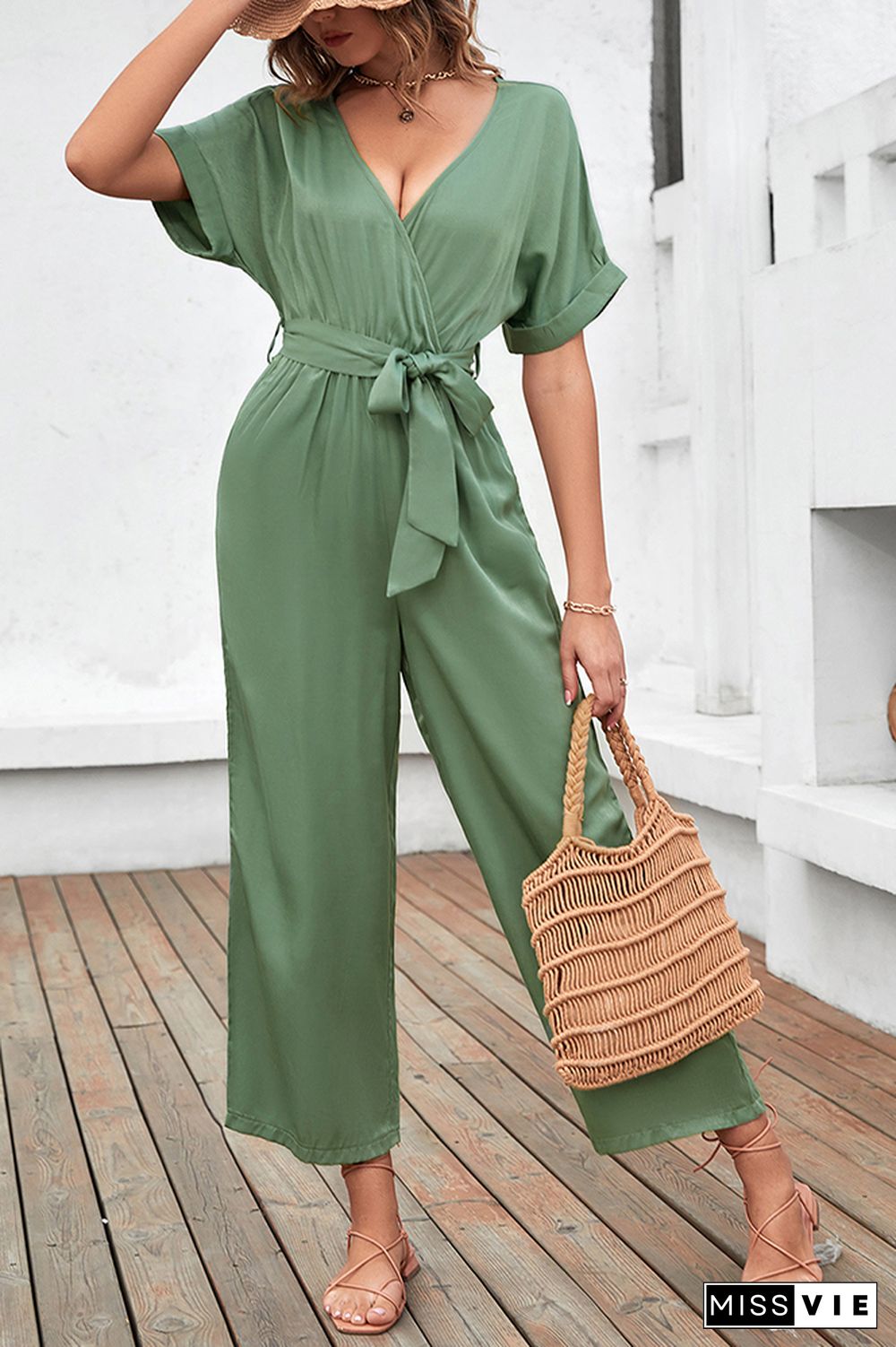 Solid Color Short Sleeve Long Pants Jumpsuit Wholesale