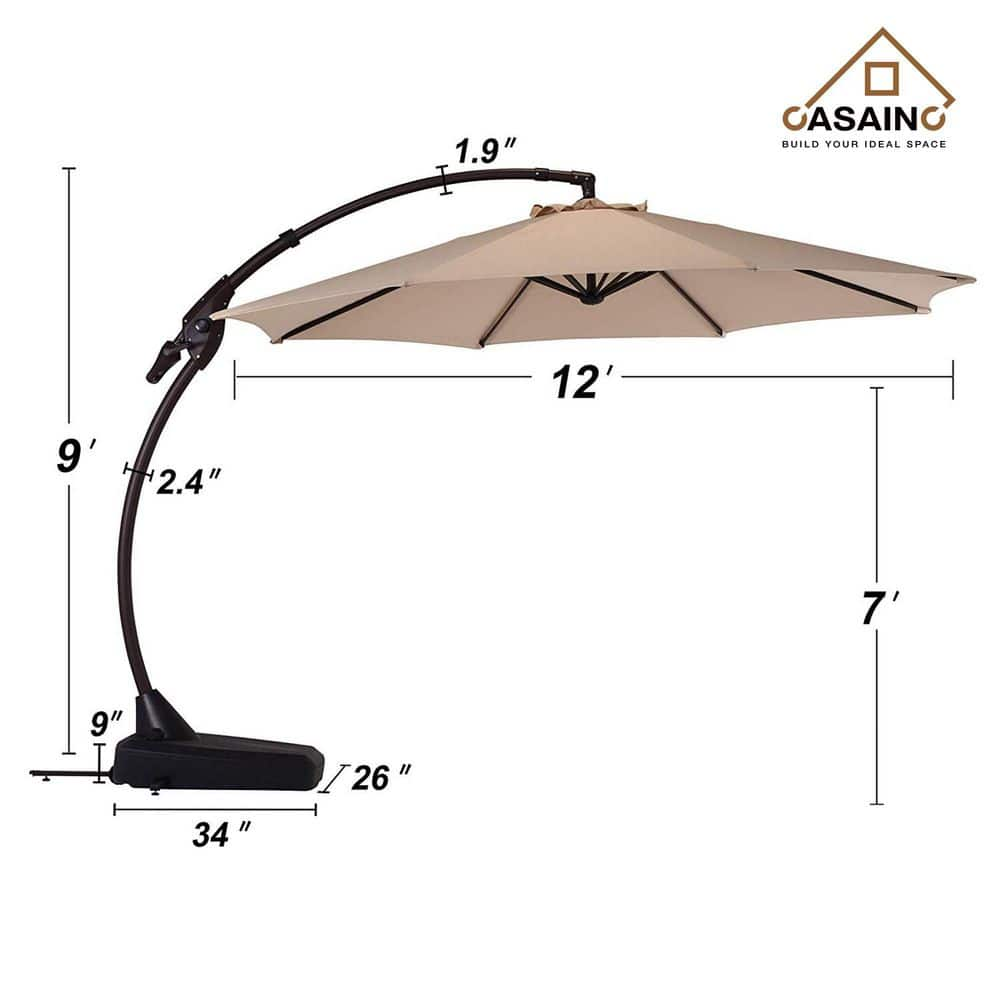 CASAINC 12 ft Cantilever Umbrella Large Outdoor HeavyDuty Offset Hanging Patio Umbrella with Base in Beige