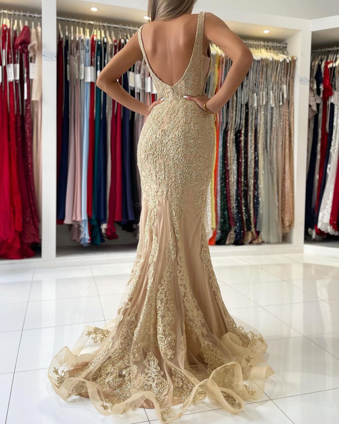 V-Neck Sleeveless Mermaid Prom Dress With Gold Appliques