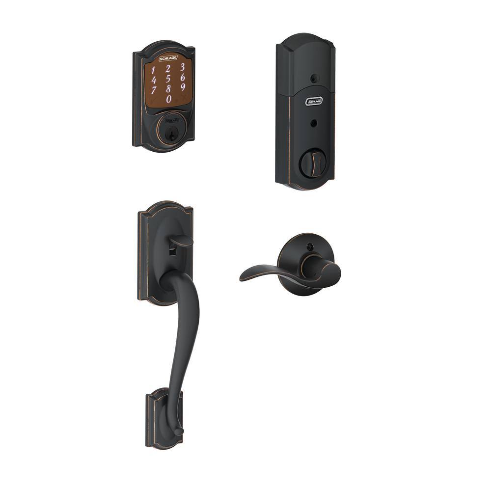 Schlage Camelot Aged Bronze Sense Smart Door Lock with Right Handed Accent Lever Door Handleset BE479AA V CAM 716 + FE285 CAM 716 ACC RH