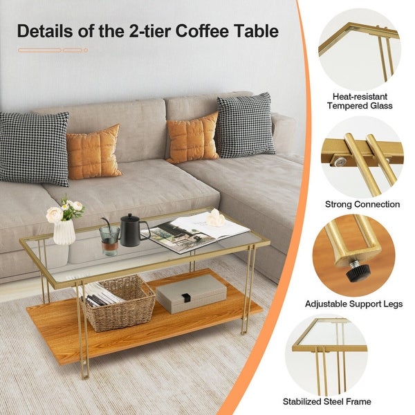 2 Tiers Rectangle Glass Coffee Table with White and Gold Steel Frame-Golden - 39.5