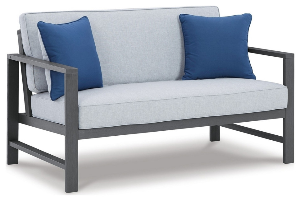 2 Piece Outdoor Wood Loveseat And Coffee Table Set Gray Foam Cushions   Transitional   Outdoor Loveseats   by Dot  ampBo  Houzz