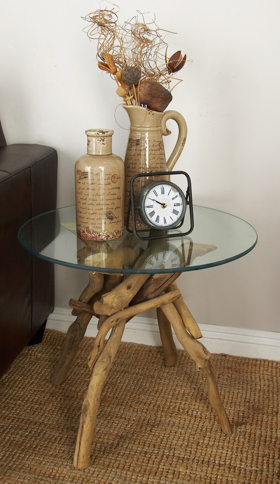 Zimlay Natural Driftwood Logs/Glass Accent Table 67724   Rustic   Side Tables And End Tables   by Brimfield  ampMay  Houzz