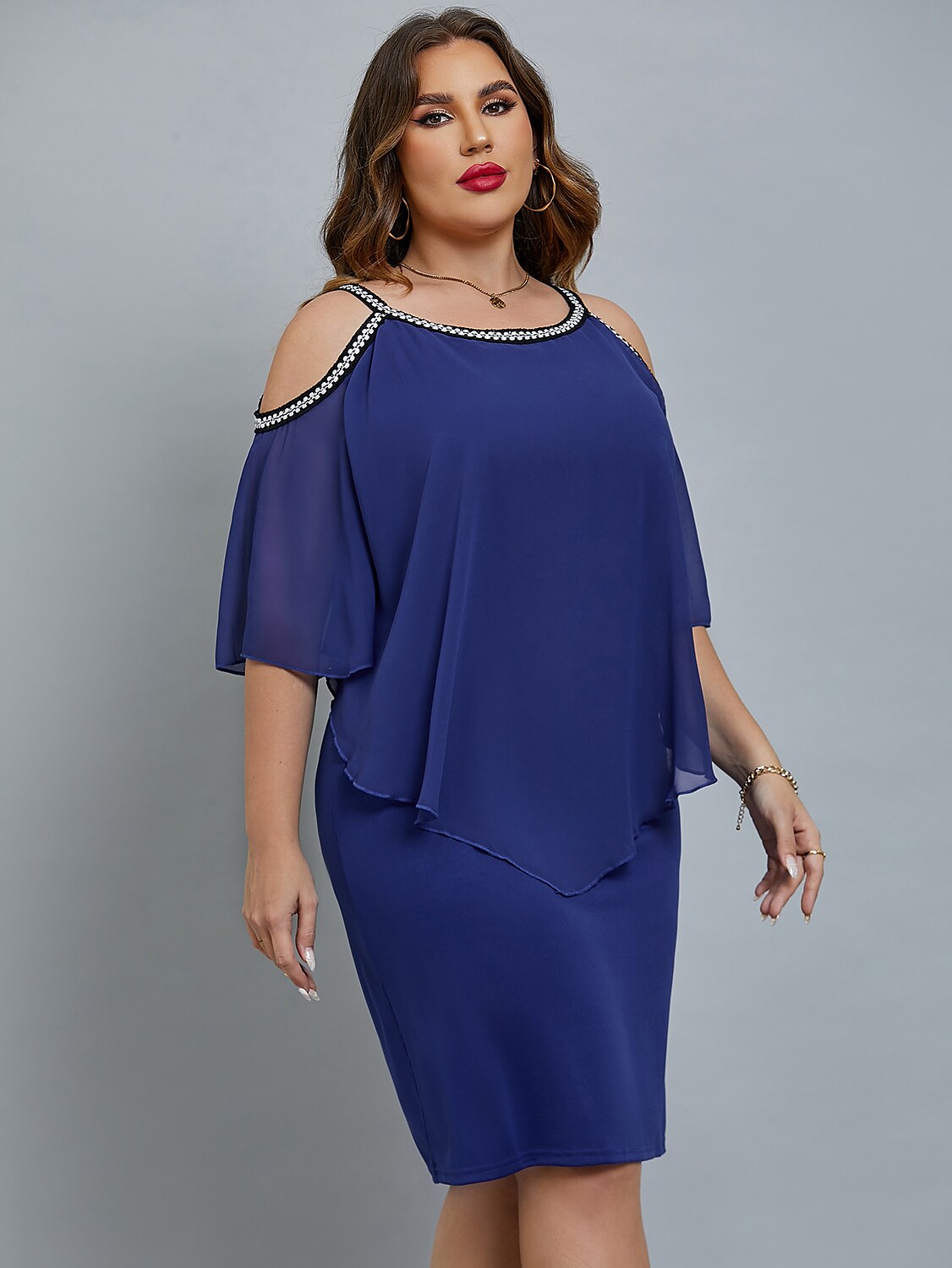 Women's Plus Size Curve Party Dress Solid Color Crew Neck Sequins Half Sleeve Fall Spring Elegant Sequins Prom Dress Midi Dress Formal Party Dress / Sequin Dress / Layered