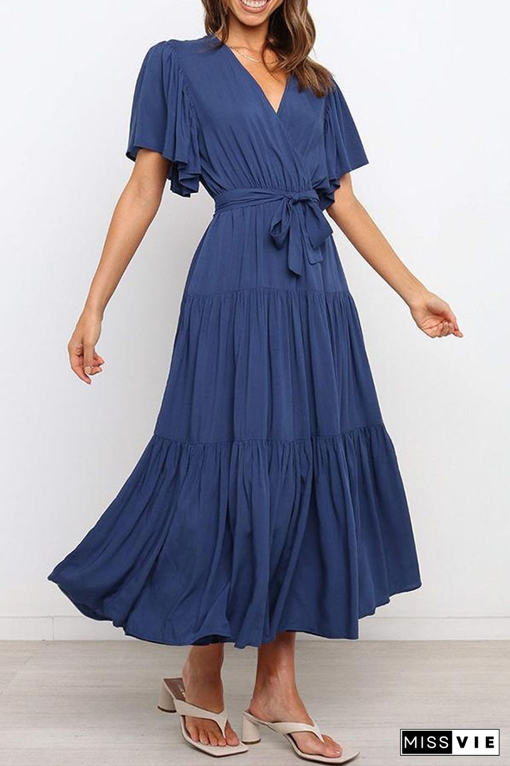 Ruffled Sleeve V-neck Tie Waist Maxi Dress P14492