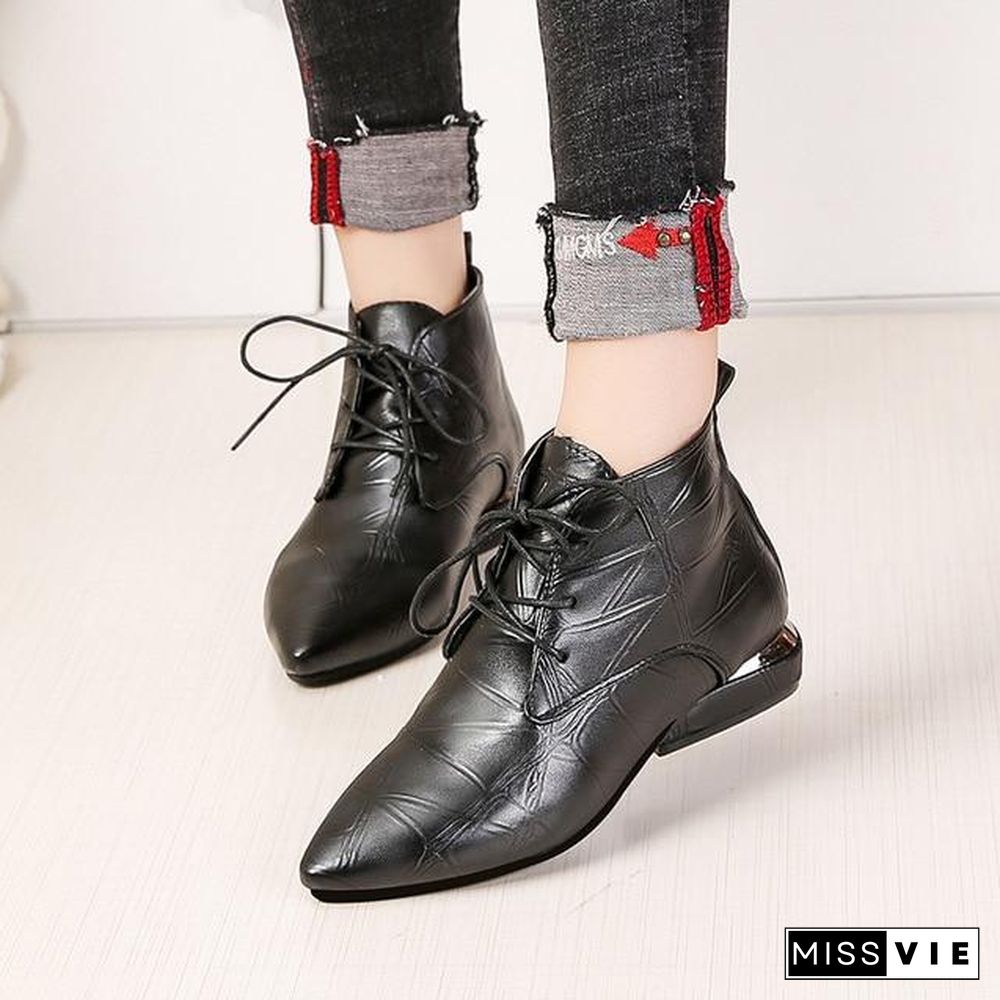 Pointed Toe Square Heel Women Boots Fashion High Heels Ankle Boots  Lace Up Leather Rubber Shoes