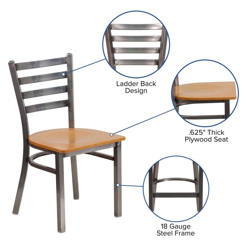 Flash Furniture Hercules Series Clear Coated Ladder Back Metal Restaurant Chair with Natural Wood Seat XUDG694CLADNATW