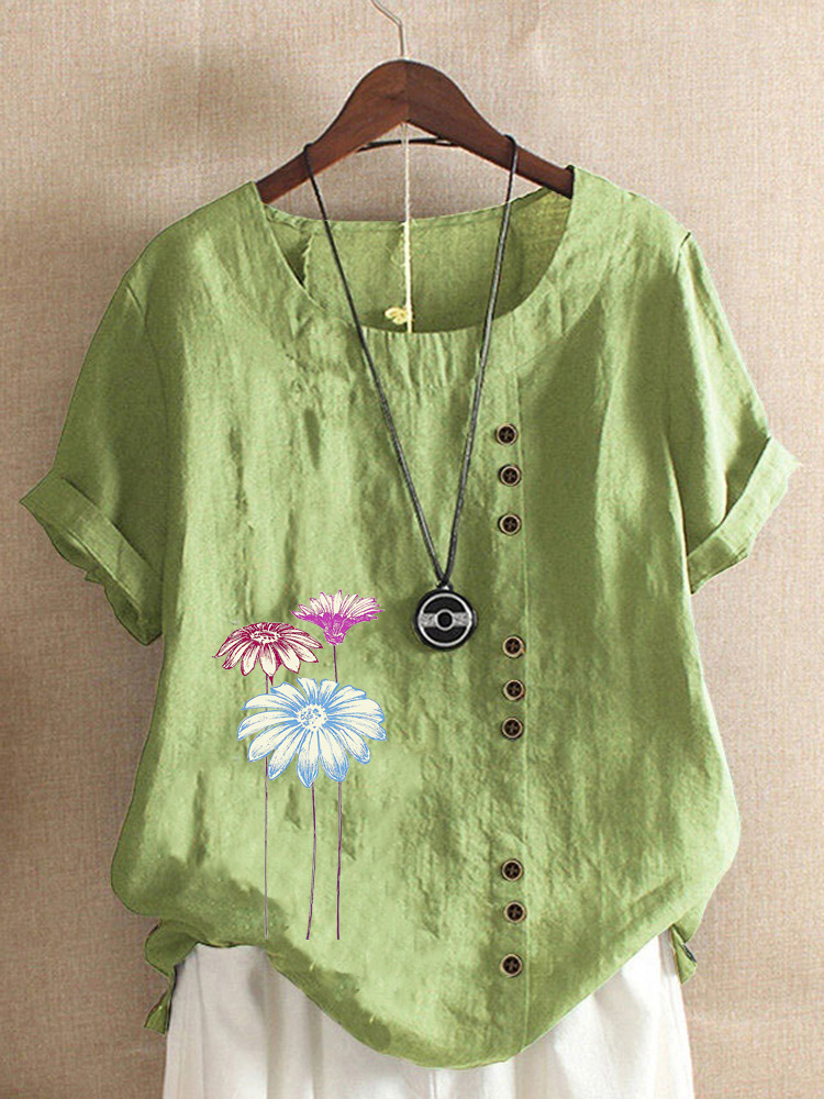 Round Neck Casual Loose Floral Short Sleeve Blouse