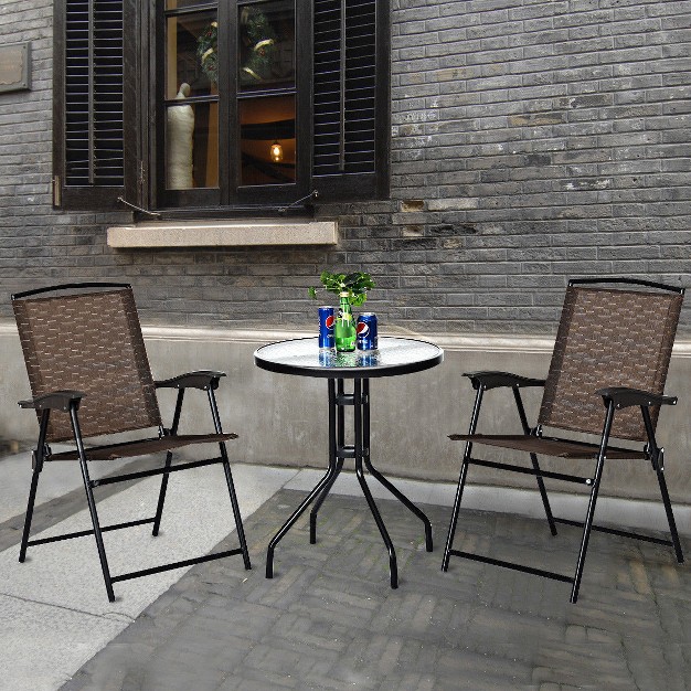 Costway 3pc Bistro Patio Garden Furniture Set 2 Folding Chairs Glass Table Top Steel