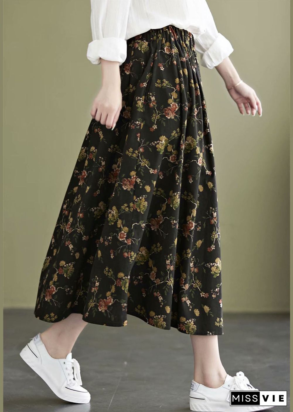 Black Print Cotton A Line Skirt Exra Large Hem Pockets Fall