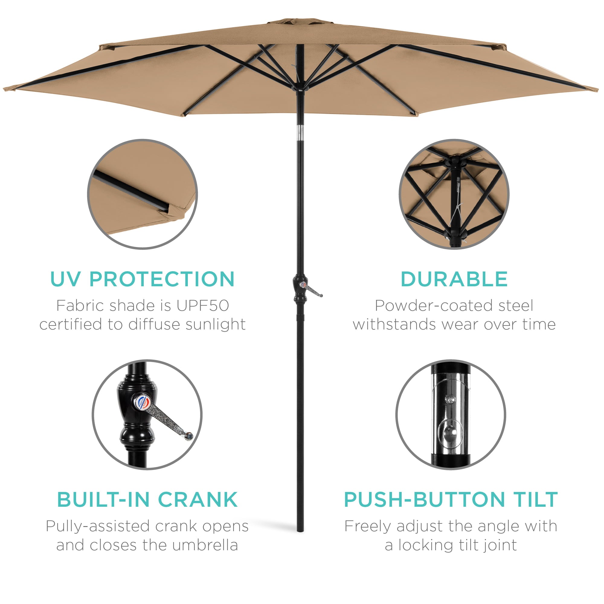 Best Choice Products 10ft Outdoor Steel Market Patio Umbrella w/ Crank, Tilt Push Button, 6 Ribs - Tan