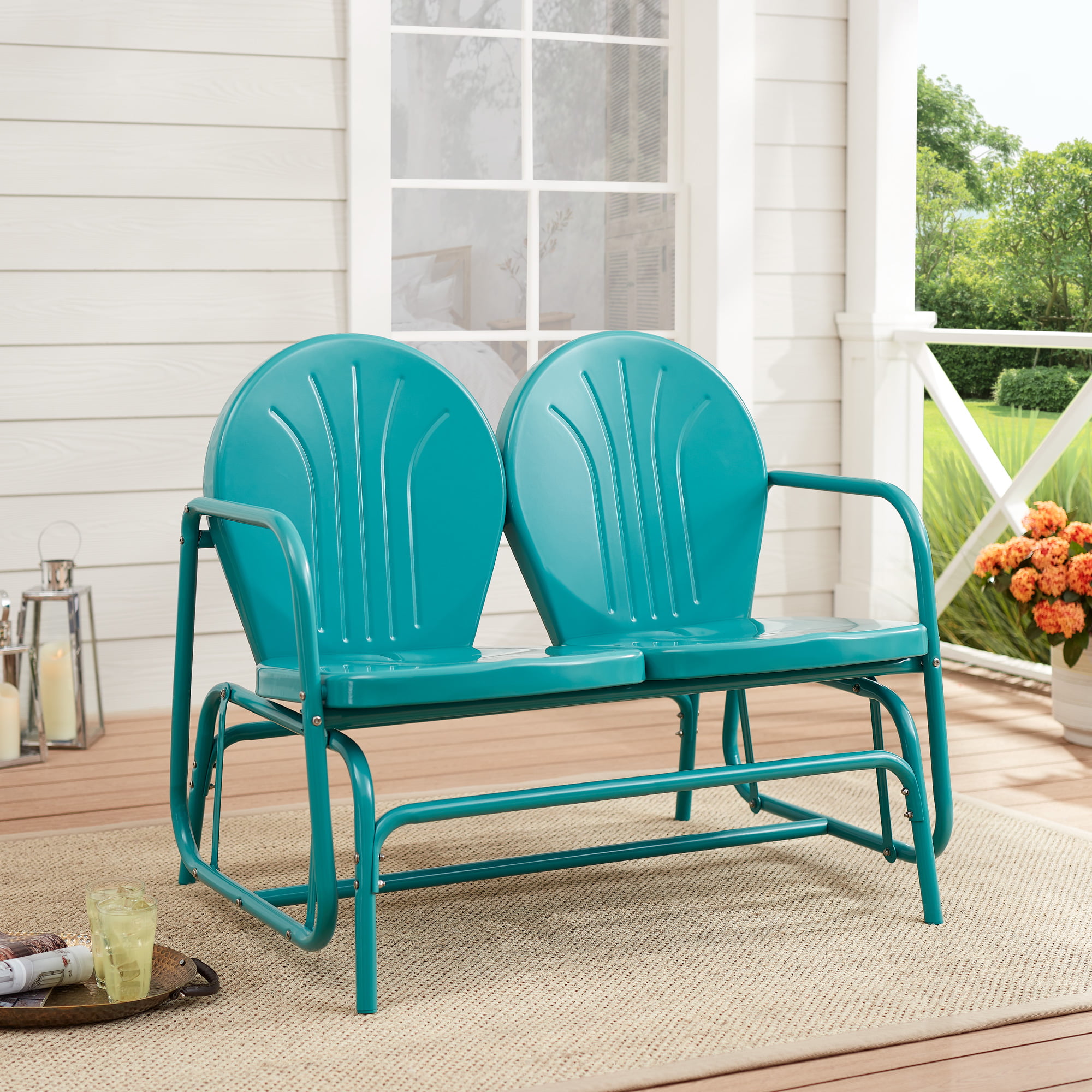 Mainstays Retro Teal Outdoor Steel Glider Loveseat