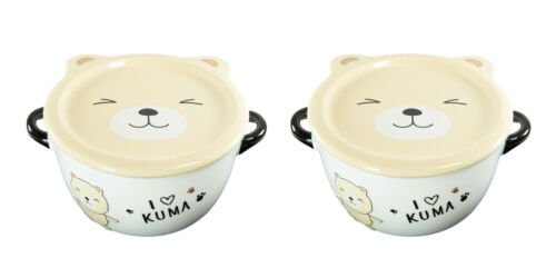 1 Pack Of 2 Beige Kuma Bear Porcelain Kids Food Bowls 25Oz W/ Condiment Lid Plate EBR02