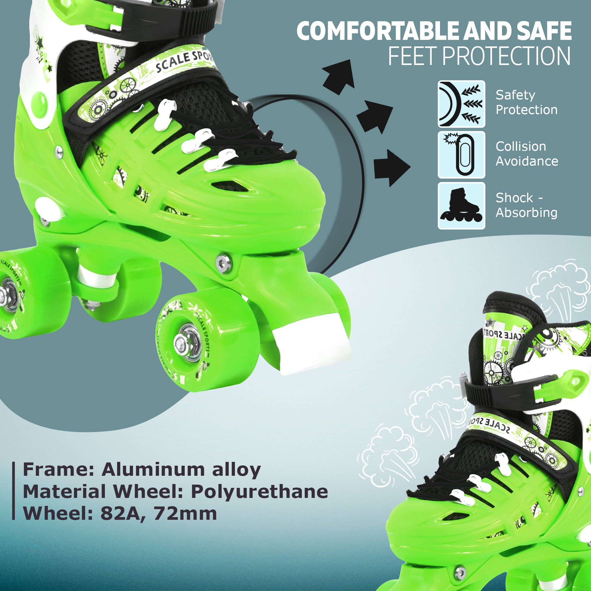 Adjustable Green Quad Roller Skates For Kids Medium Sizes