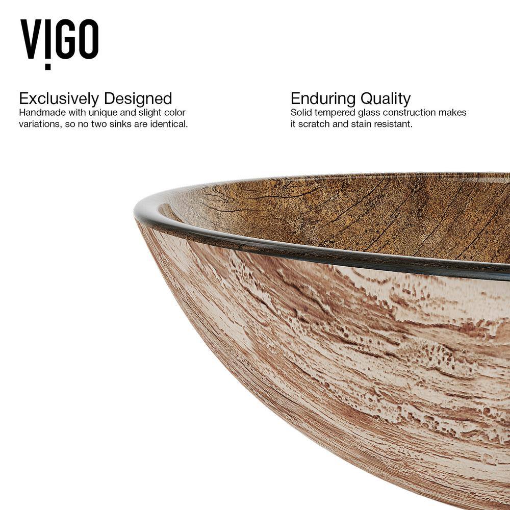 VIGO Glass Round Vessel Bathroom Sink in Wooden Brown with Seville Faucet and Pop-Up Drain in Oil Rubbed Bronze VGT172