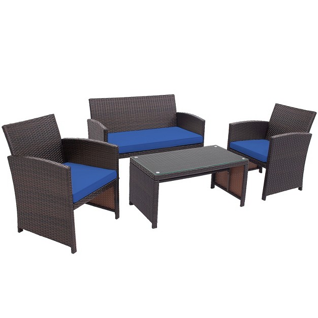 Tangkula 4pcs Outdoor Patio Furniture Sets Weather resistant Rattan Sofas W Soft Cushion Navy