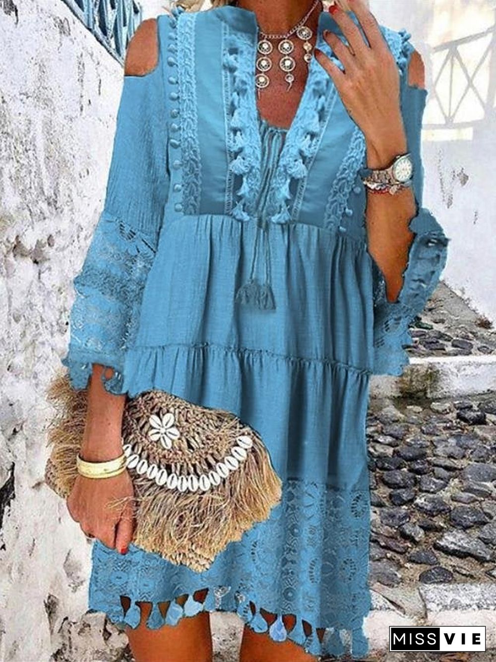 Women's Shift Dress Short Mini Dress - 3/4 Length Sleeve Tassel Fringe Lace Cold Shoulder Summer Hot Casual Boho vacation dresses White Blue Yellow Beige Light Blue S M L XL XXL 3XL-0208808