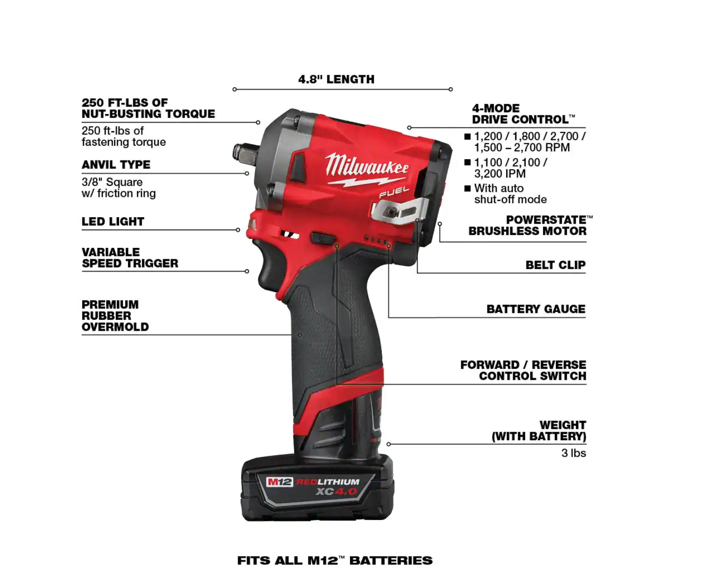 Milwaukee 2554-22-2415-20 M12 FUEL 12V Lithium-Ion Brushless Cordless Stubby 3/8 in. Impact Wrench Kit with M12 3/8 in. Right Angle Drill