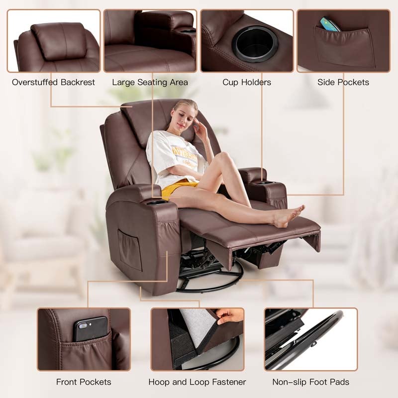 Leather Massage Recliner Chair 360 Degree Swivel Glider Rocker with Lumbar Heating & Remote Control