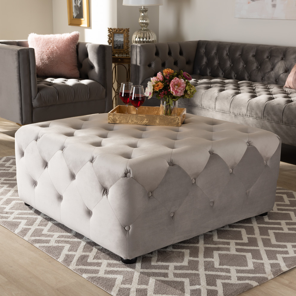 Karson Velvet Fabric Button Tufted Cocktail Ottoman   Transitional   Footstools And Ottomans   by Baxton Studio  Houzz