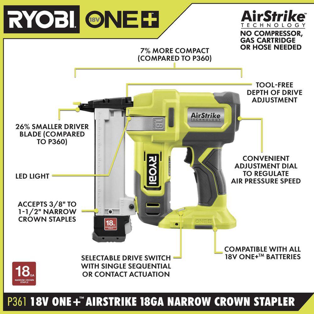 RYOBI ONE+ 18V Cordless 18-Gauge Brad Nailer with 18-Gauge Narrow Crown Stapler 2.0 Ah Battery and Charger P321-P361-PSK005