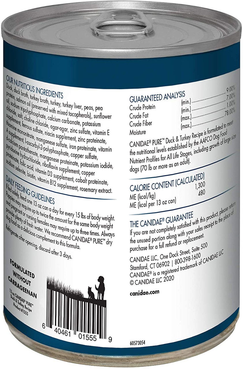 Canidae PURE Grain Free Duck and Turkey Pate Wet Dog Food， 13oz. Can