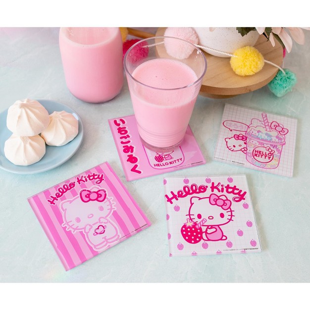 Silver Buffalo Sanrio Hello Kitty Strawberry Milk Glass Coasters Set Of 4