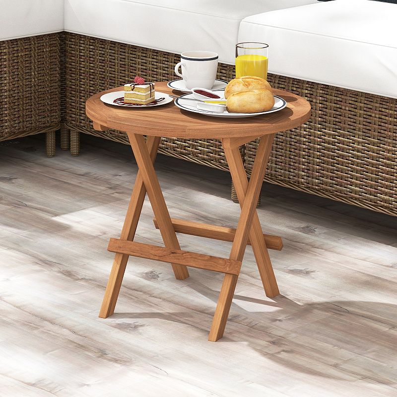 Round Patio Folding Coffee Table Teak Wood With Slatted Tabletop