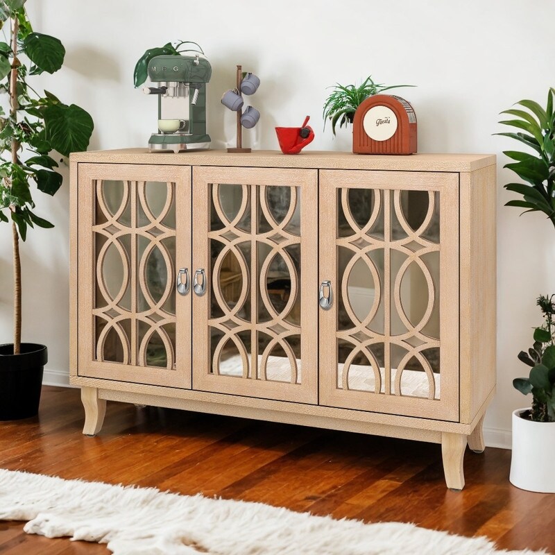 Sideboard with Glass Doors  3 Door Mirrored Buffet Cabinet with Silver Handle  Natural