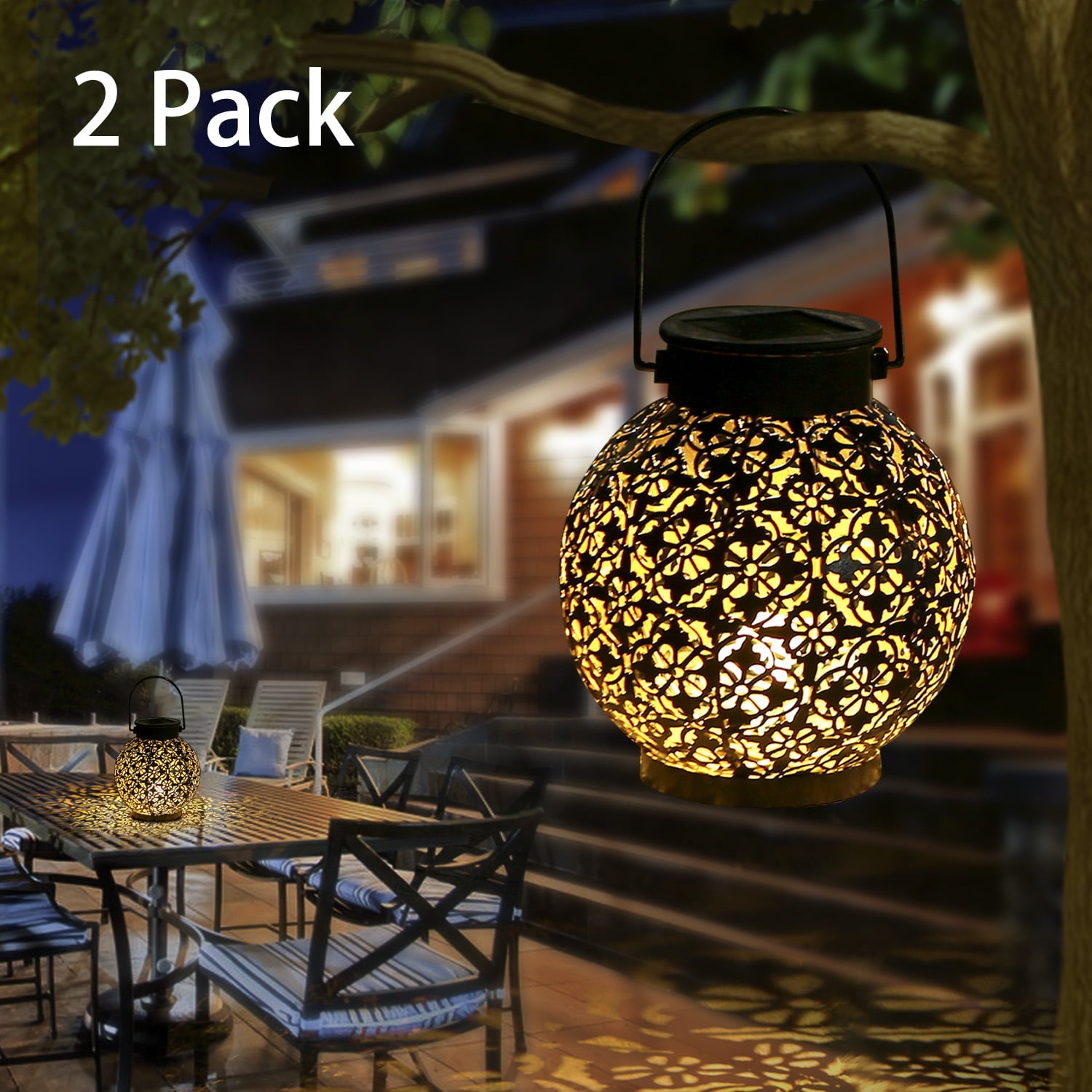 Tomshine Solar Large Lantern Outdoor Hanging Lights Metal Decorative Garden Lights Waterproof Table Lamp for Patio， Courtyard， Party Decorations 2pcs